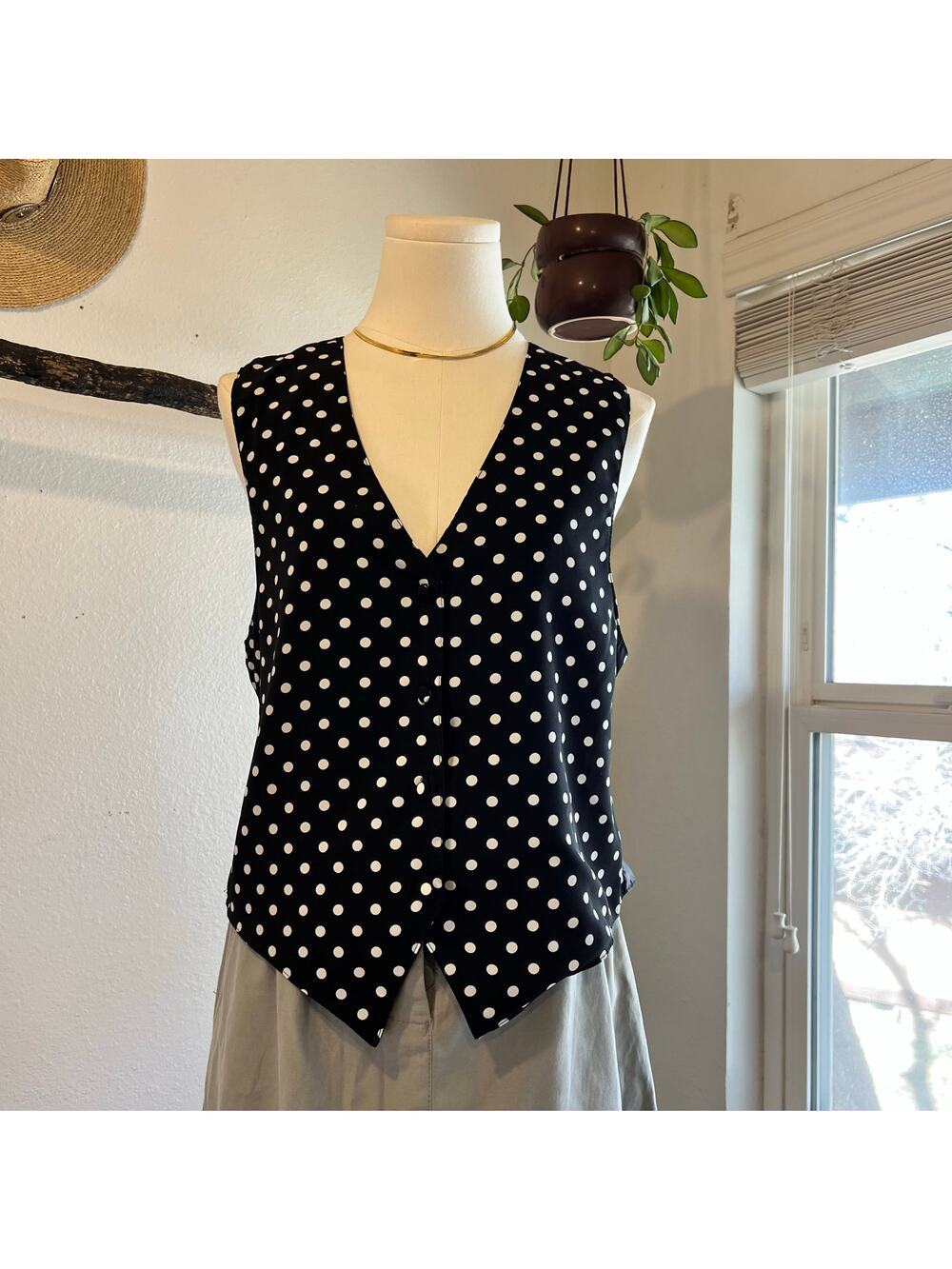 Vintage 90s Black & White Polka Dot Button Front Vest Top Size Small USA Made
